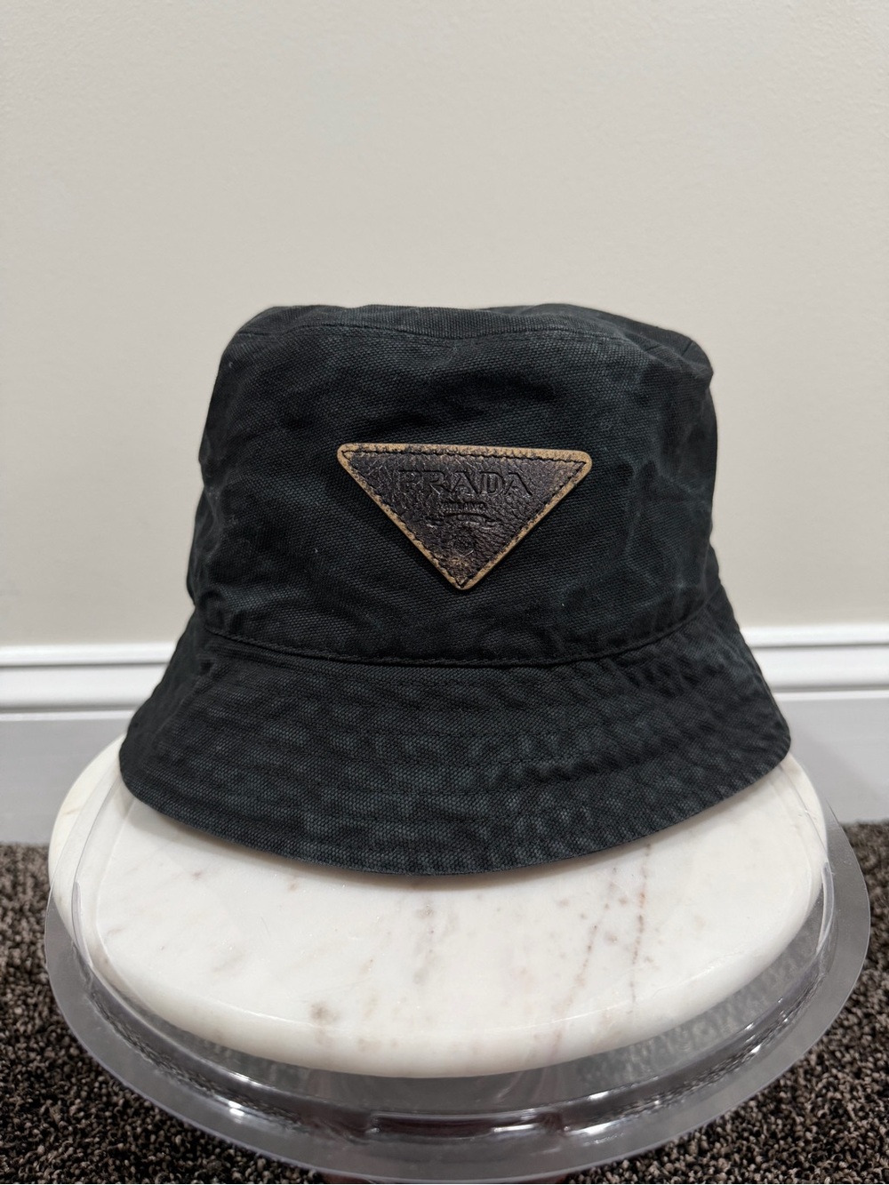 Prada 2024 Canvas Vintage Wash Distressed Faded Leather Logo Bucket Hat